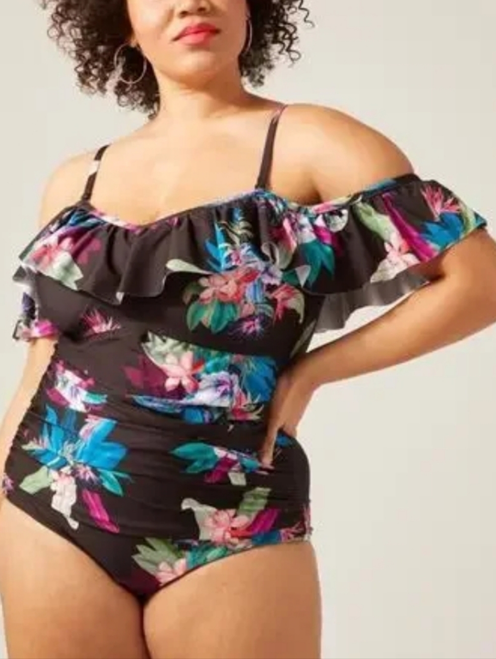 City Chic Elba Tropical Ruffle Off Shoulder One Piece Bathing Suit